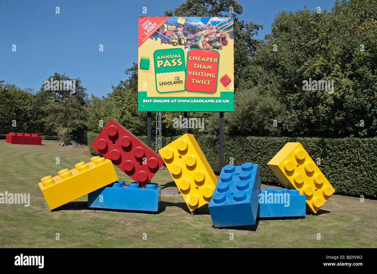 A stack of giant red, yellow & blue Lego blocks outside Legoland, Windsor,  UK Stock Photo - Alamy