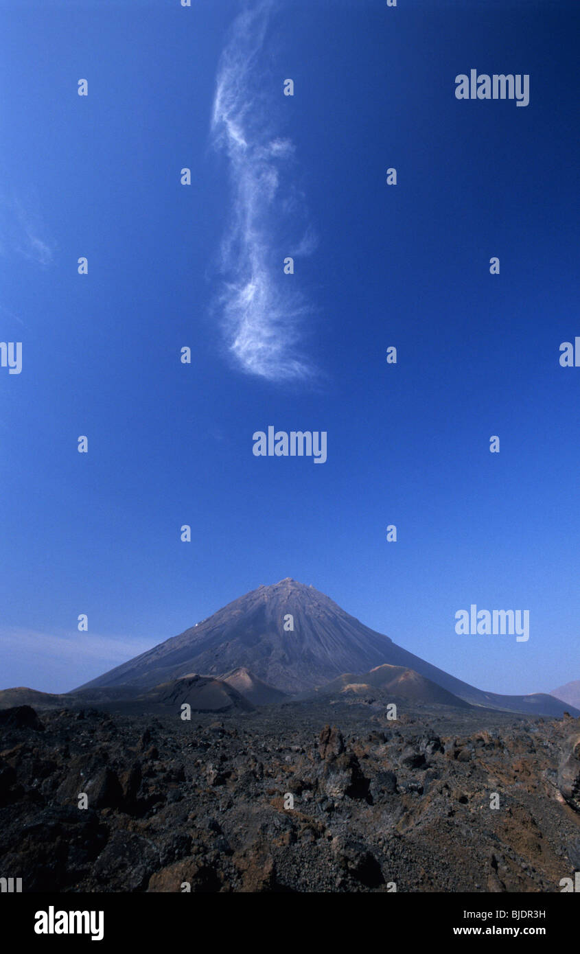 Cirrus cloud looking like a smoke over the volcano Pico de Fogo. Fogo ...