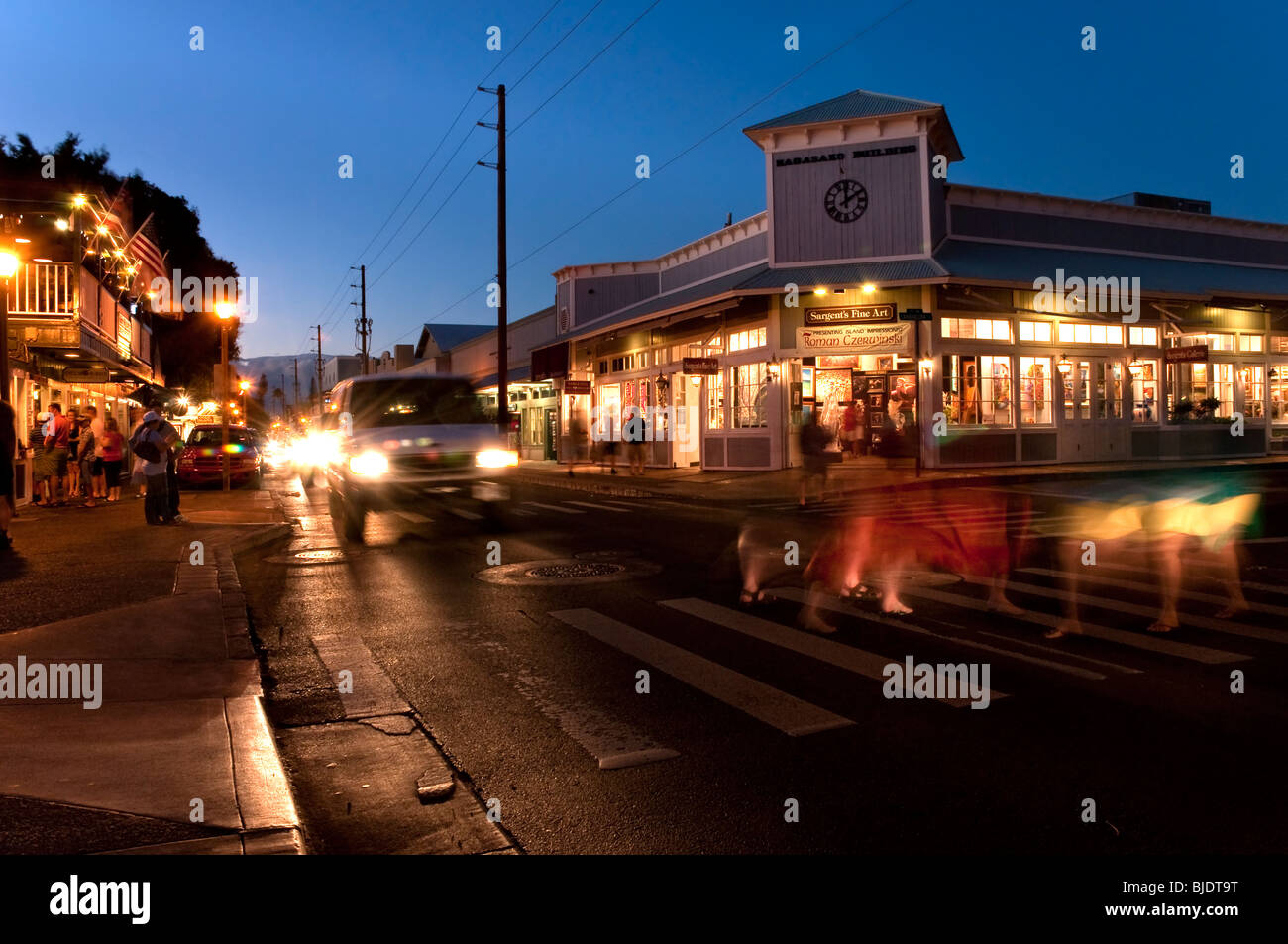 Front Street Lahaina Maui Hawaii at Sundown with Sargent's Art Gallery in view Stock Photo