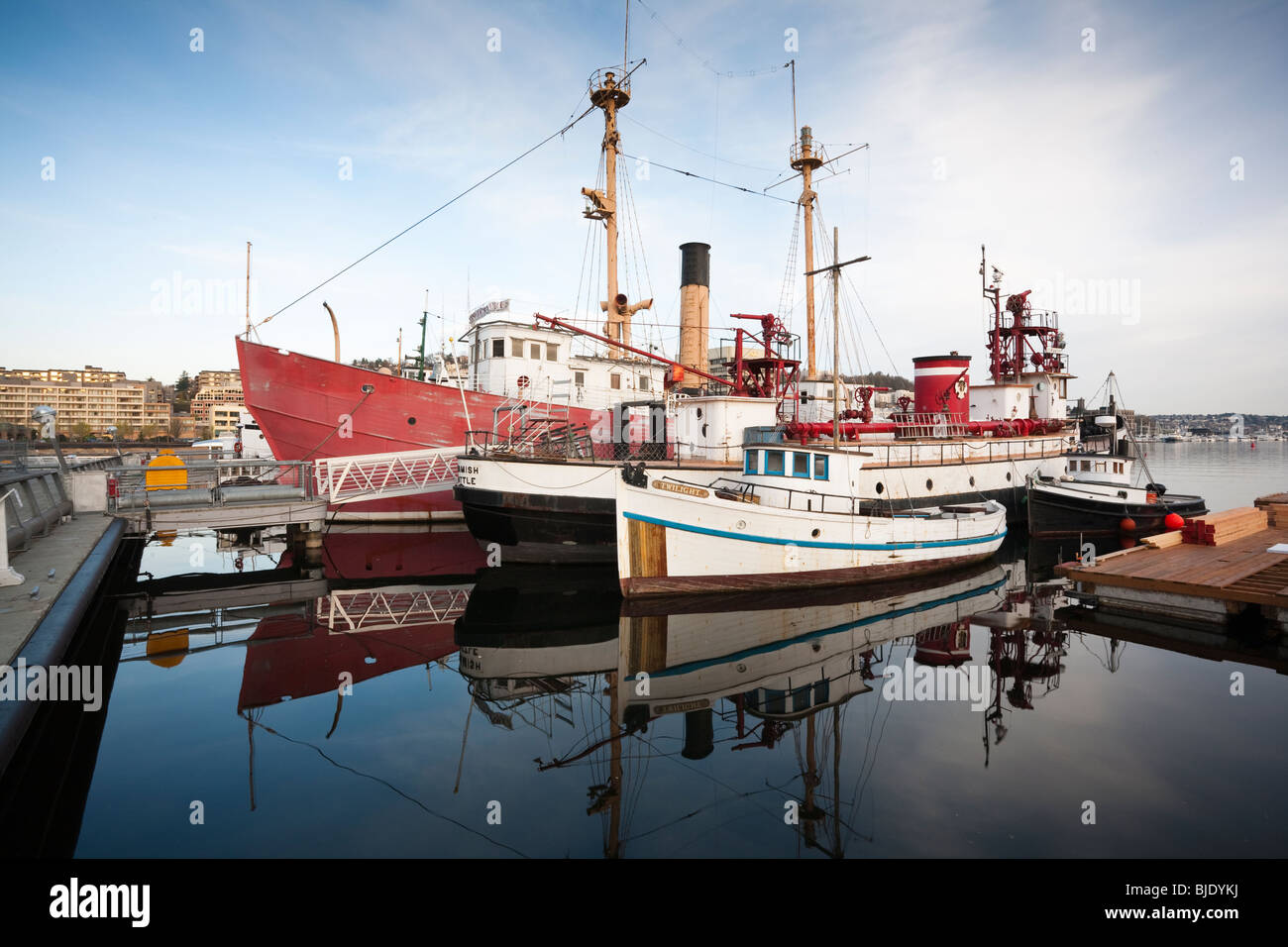 Historic Ships Docked at Heritage Wharf, Lake Union Park, South Lake Union, Seattle, Washington Stock Photo