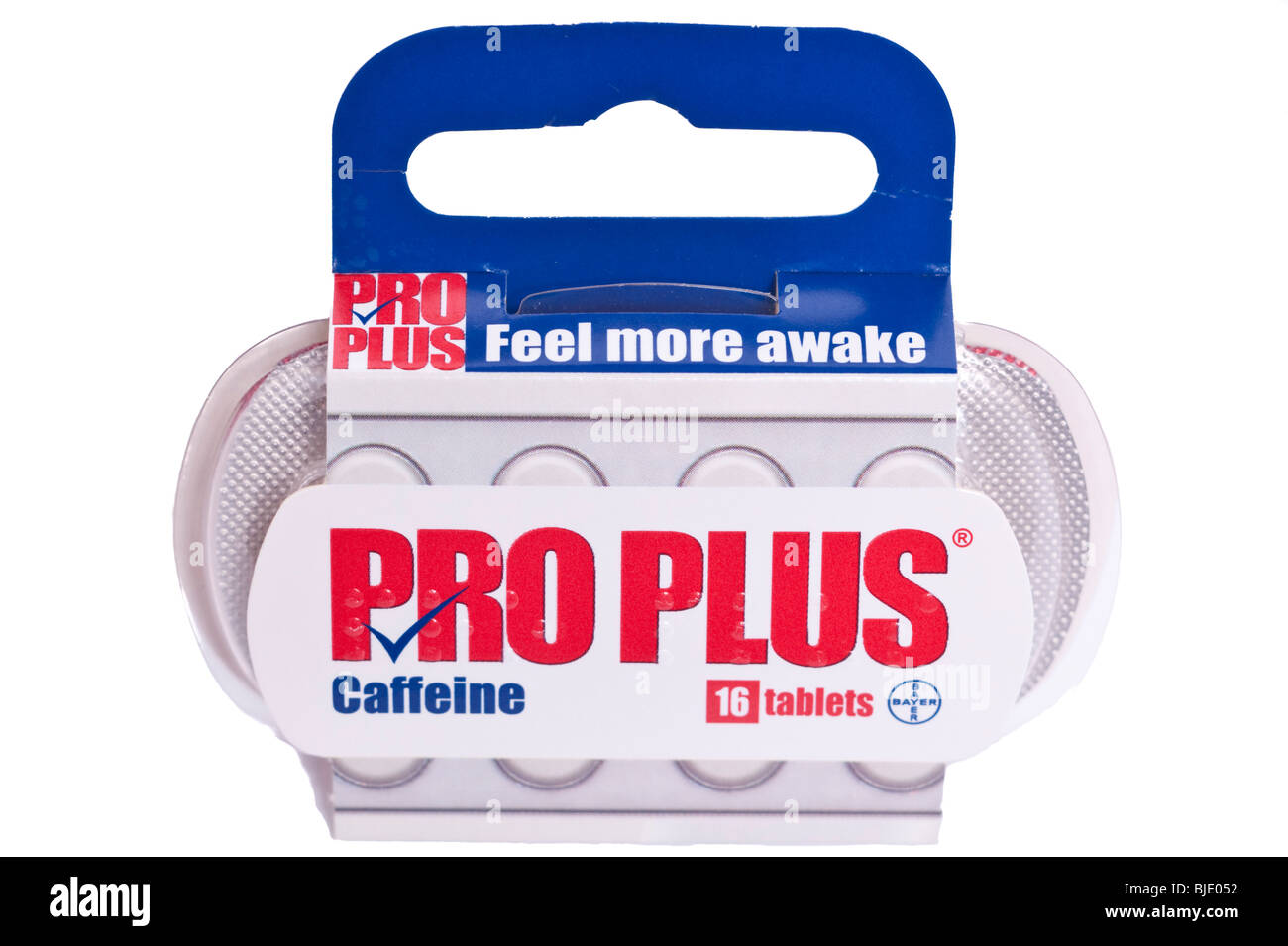 A packet of pro plus caffeine tablets for staying awake on a white background Stock Photo