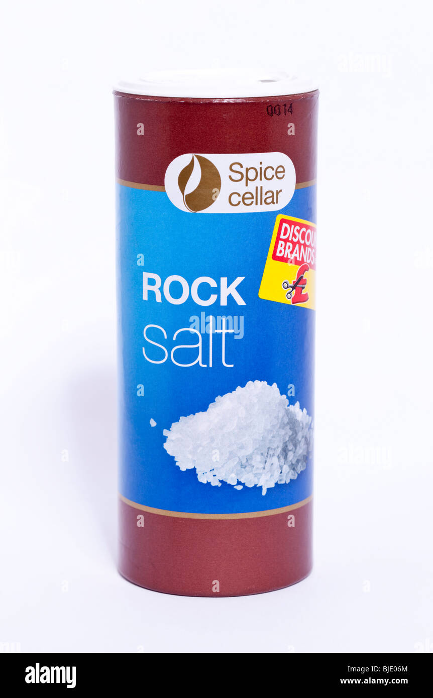 A pot of rock salt on a white background Stock Photo