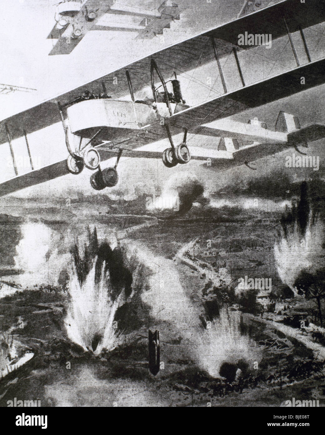 WORLD WAR I (1914-1918). Aerial bombardments by Italian planes on French territory. Drawing. Stock Photo