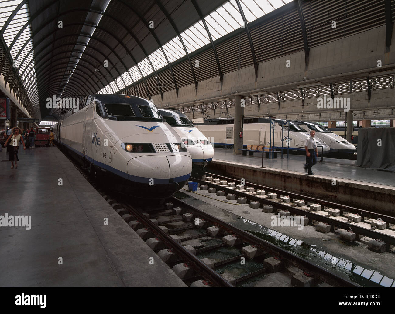 AVE (HIGH SPEED TRAIN SPANISH). Trains on Santa Justa station. Seville. Andalusia. Spain. Stock Photo