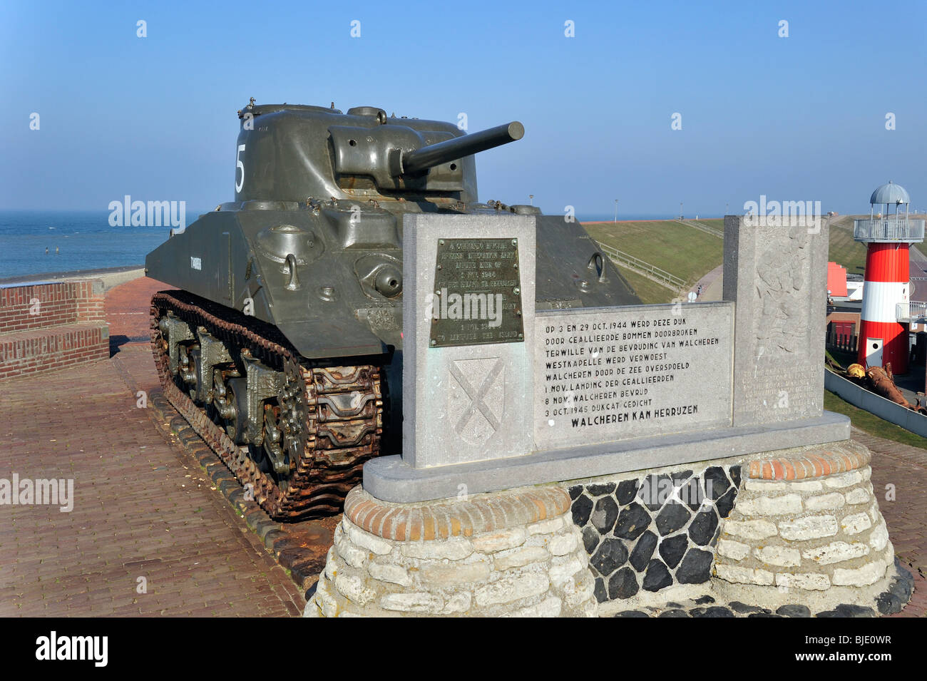 Second World War Two Sherman M4A4 tank at the dike / dyke at Westkapelle, Zealand, the
