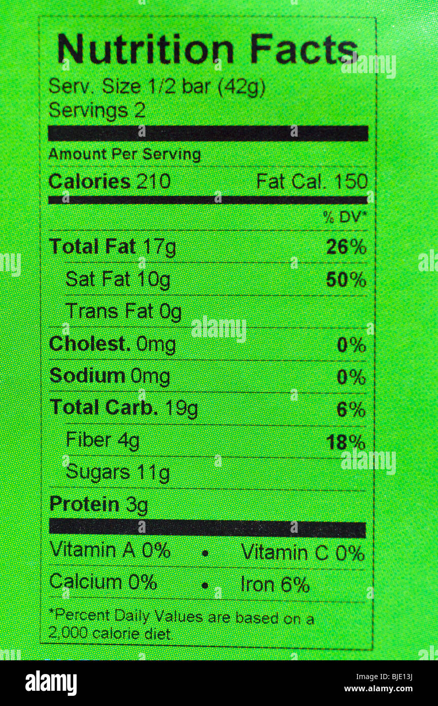 Nutrition information on packaged food Stock Photo