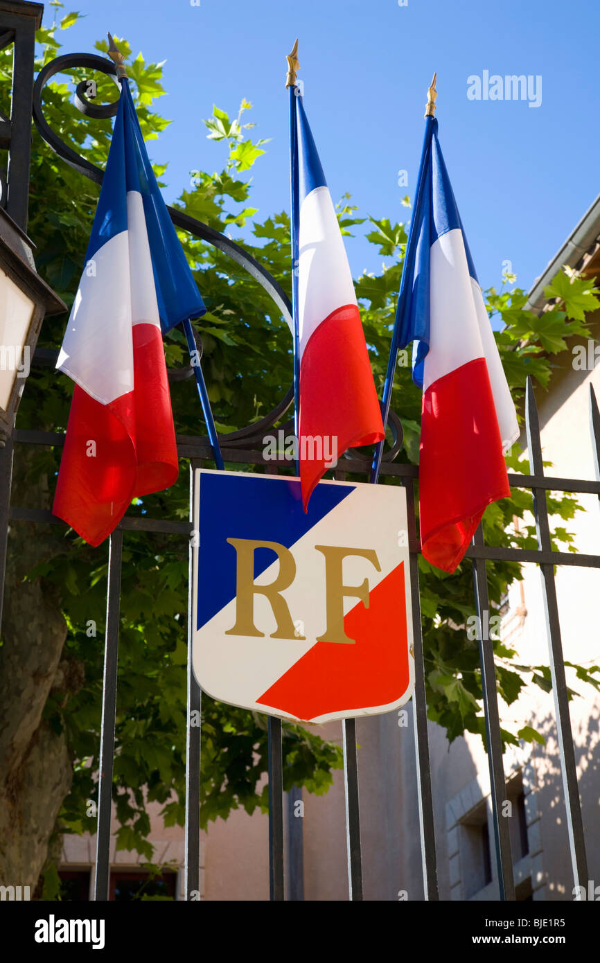 Cassis, Provence, France. French flags in Place Baragnon outside the town hall. Stock Photo