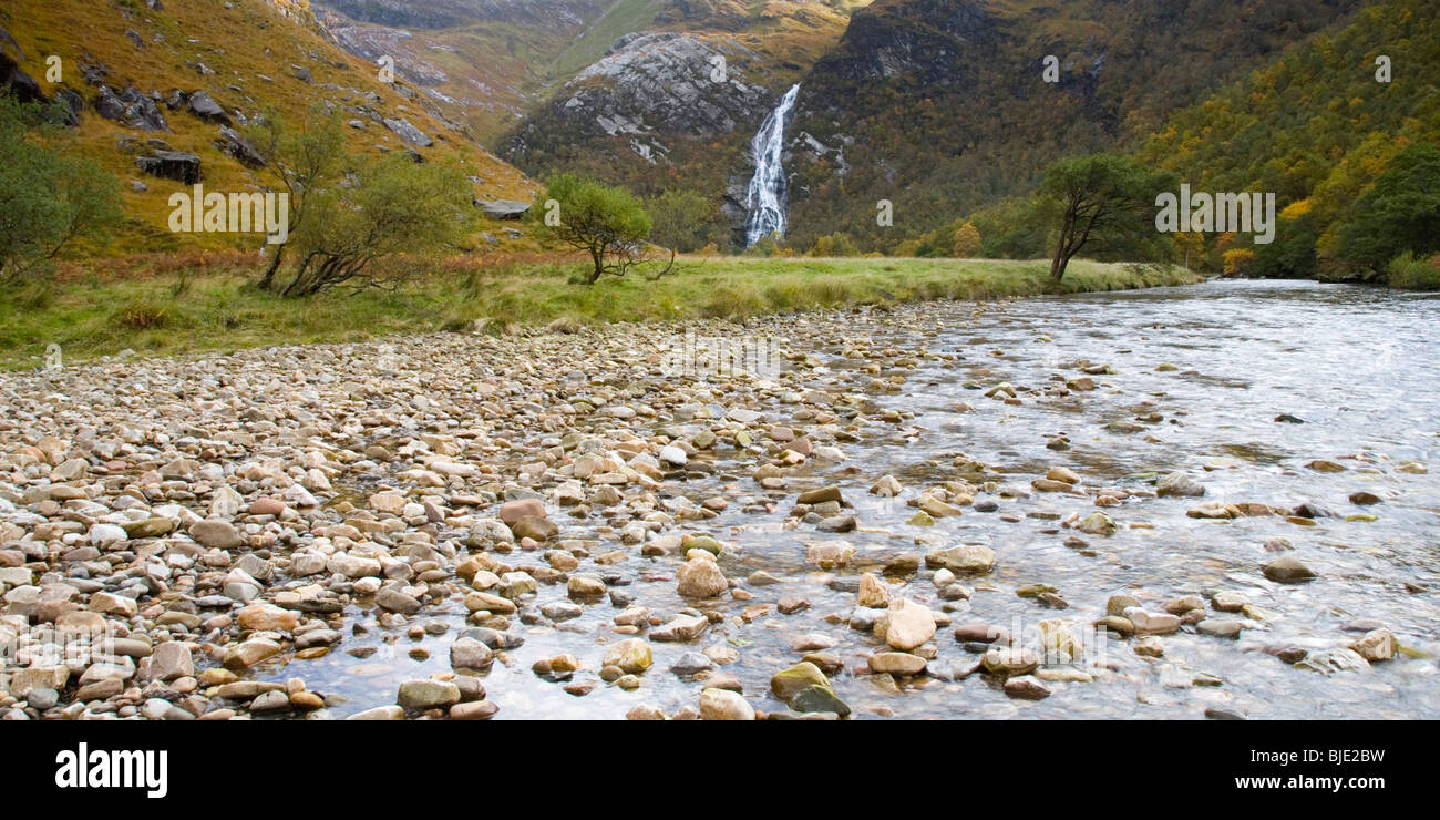 Glen Nevis, Highland, Scotland. View across the Water of Nevis to Steall Waterfall at the head of the glen, autumn. Stock Photo