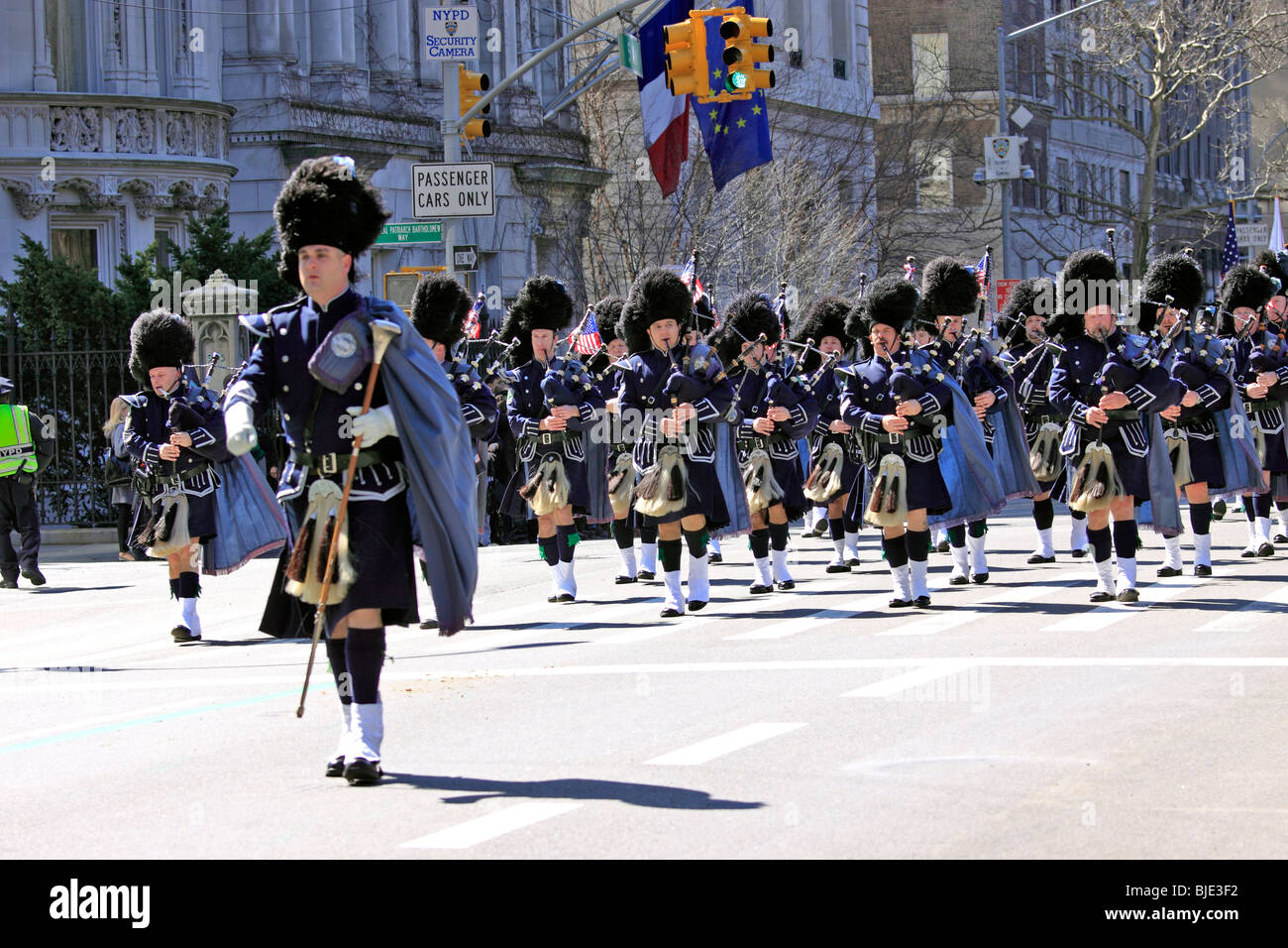 Paramus, NJ Police Department Pipes and Drum Band marches in New York City's St. Patrick's Day parade. Stock Photo