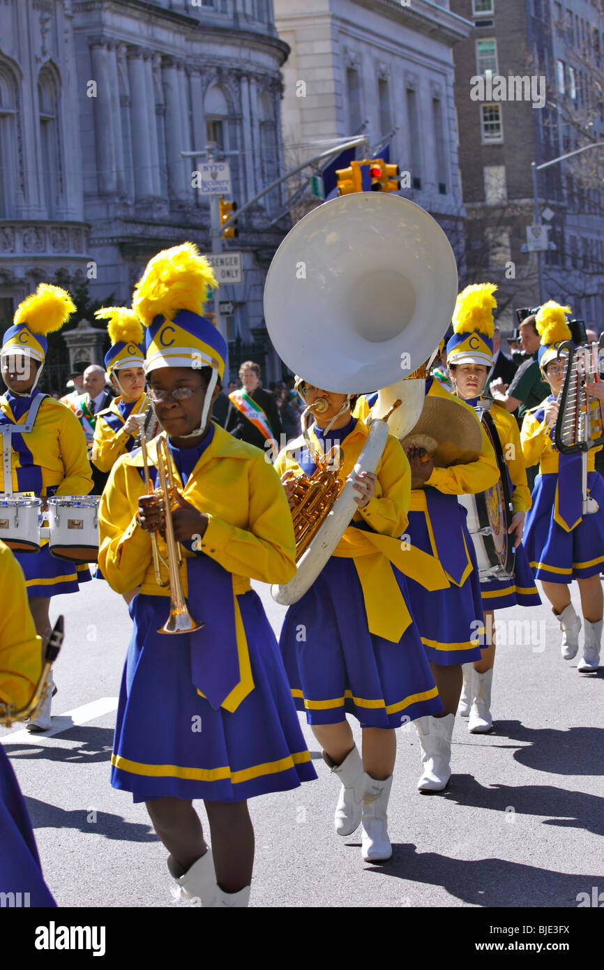 All girl marching band marches up 5th Ave. at the New York City St