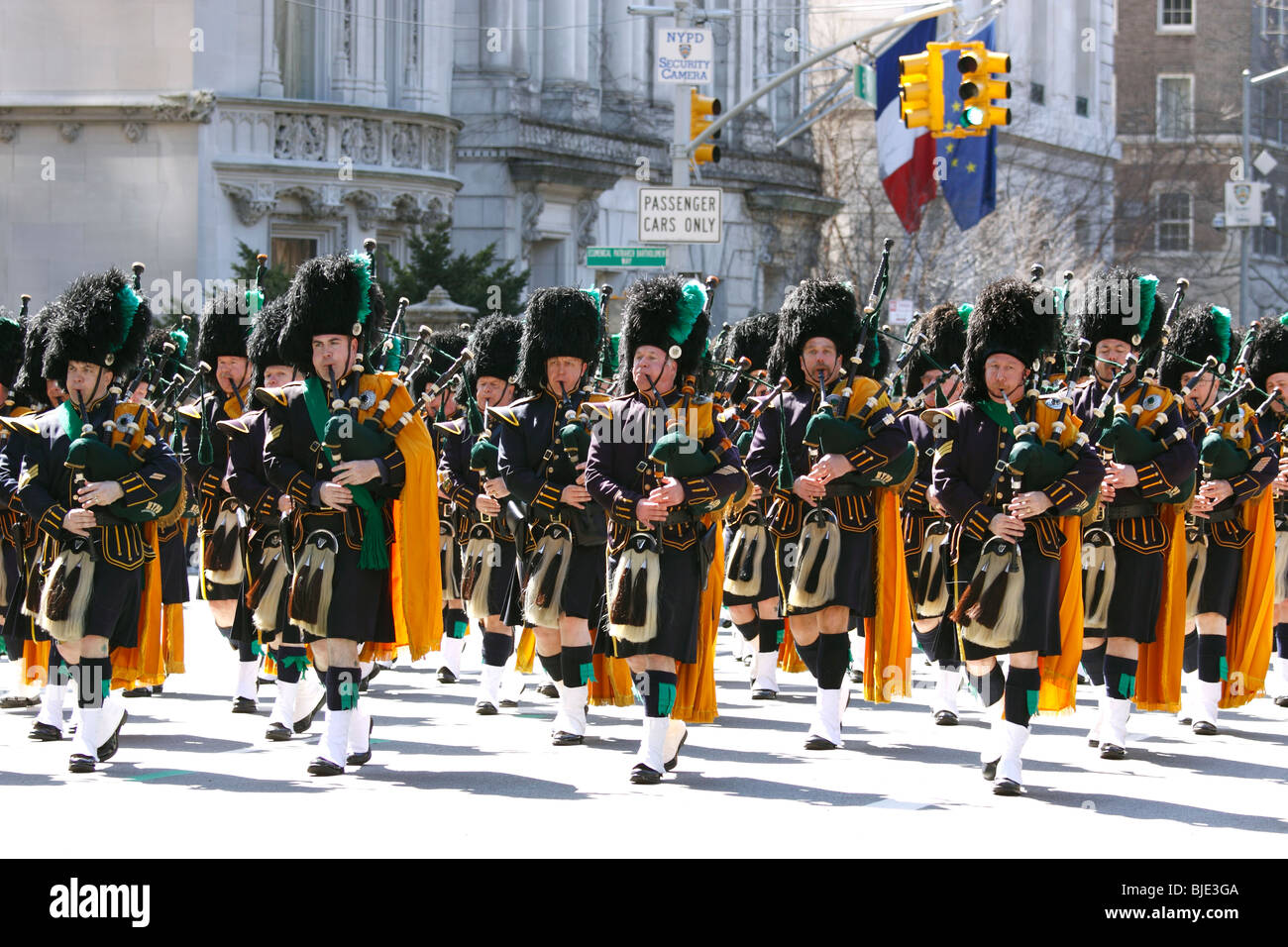 New York City Police Department Emerald Society Pipes and Drums marching  band on 5th Ave in Manhattan St. Patrick's Day parade Stock Photo - Alamy