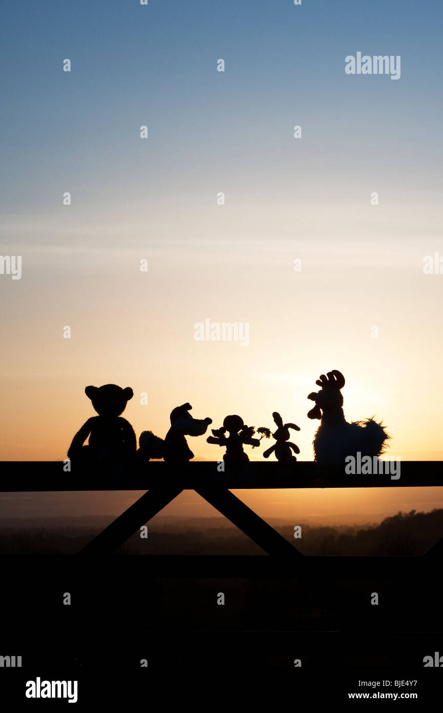 Rag doll, chicken, fox, rabbit and bear soft toys sitting on a gate at sunset in the English countryside. Silhouette Stock Photo