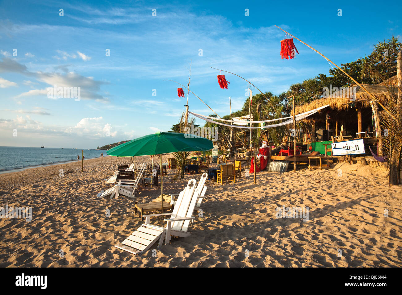 Travel image of beach resort Horizon Bar with Santa Claus on Klong Nin Beach, Koh Lanta, an island outside of Phuket, Thailand. Stock Photo