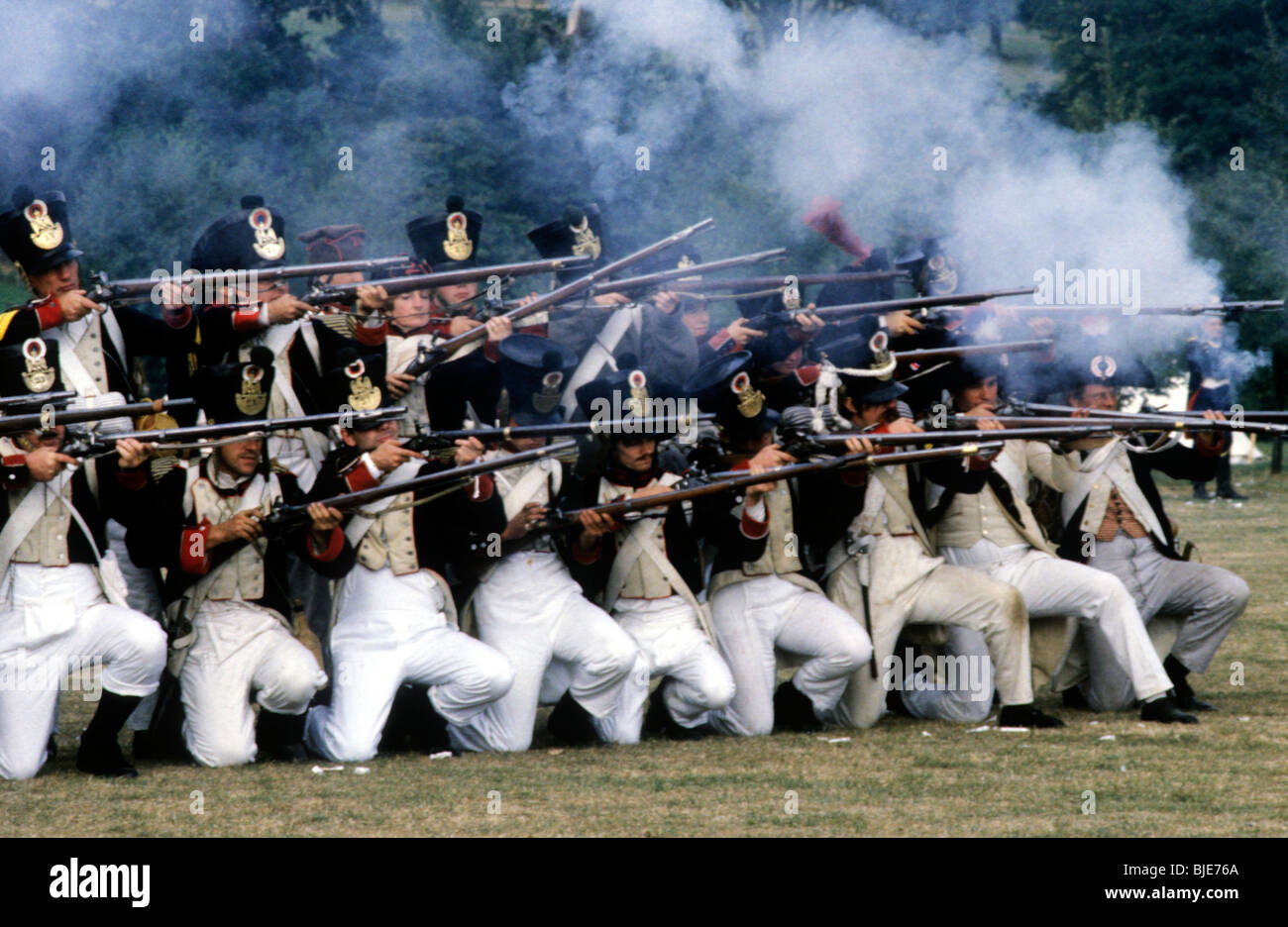 French Napoleonic Infantry, 1815 musket muskets rifle rifles volley firing smoke gunpowder foot soldiers regiment regiments Stock Photo