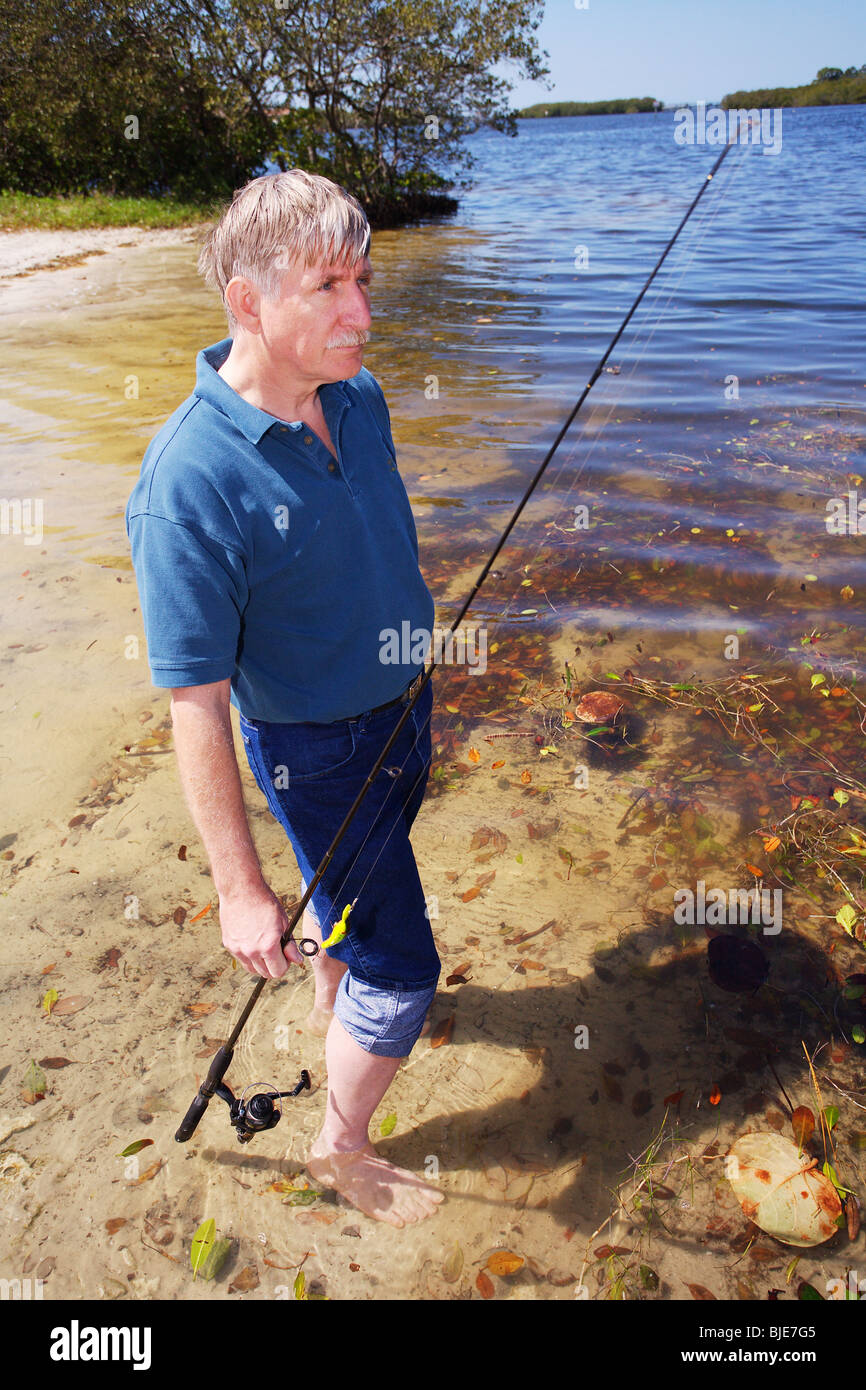 FISHERMAN STANDING IN SHALLOW WATER HOLDING FISHING ROD AND REEL BLUE