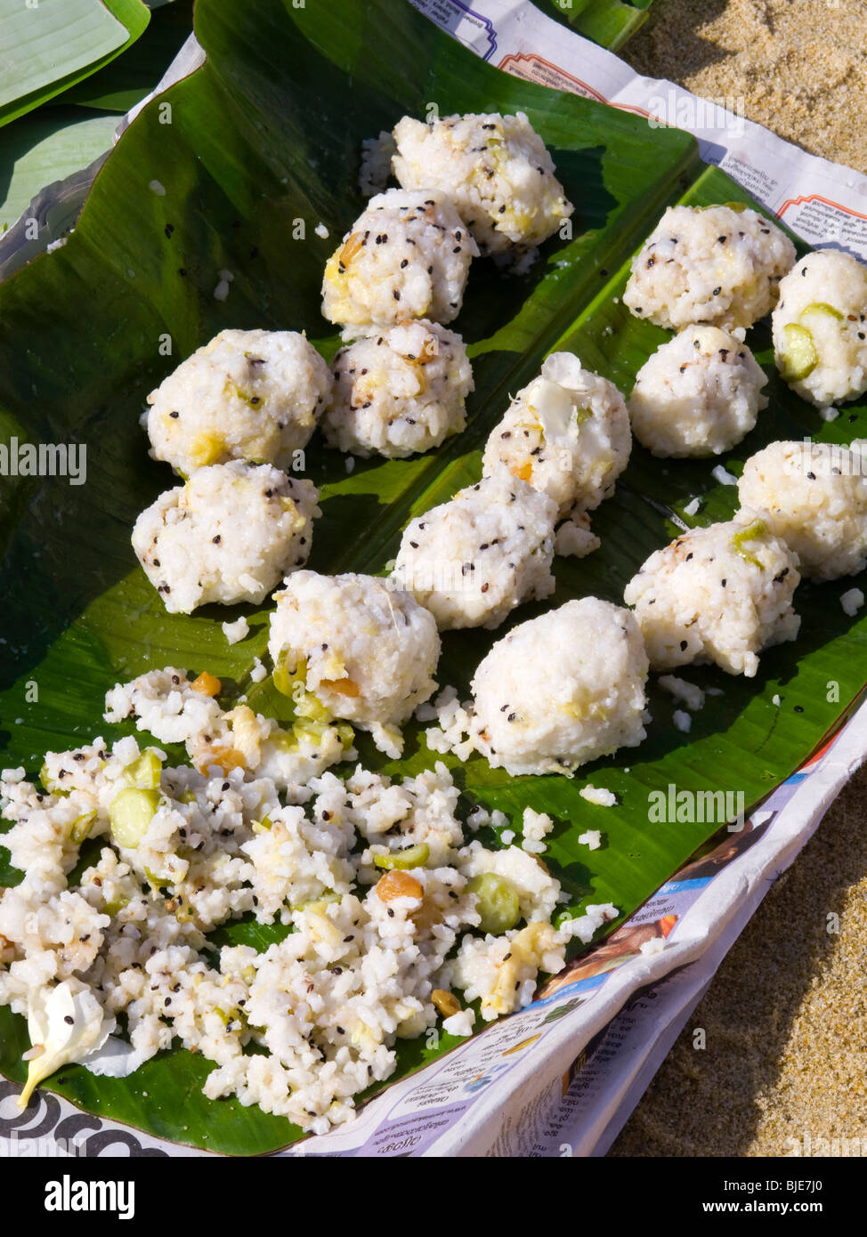 India, Kerala, Varkala beach, early morning, balls of rice used to perform puja Stock Photo