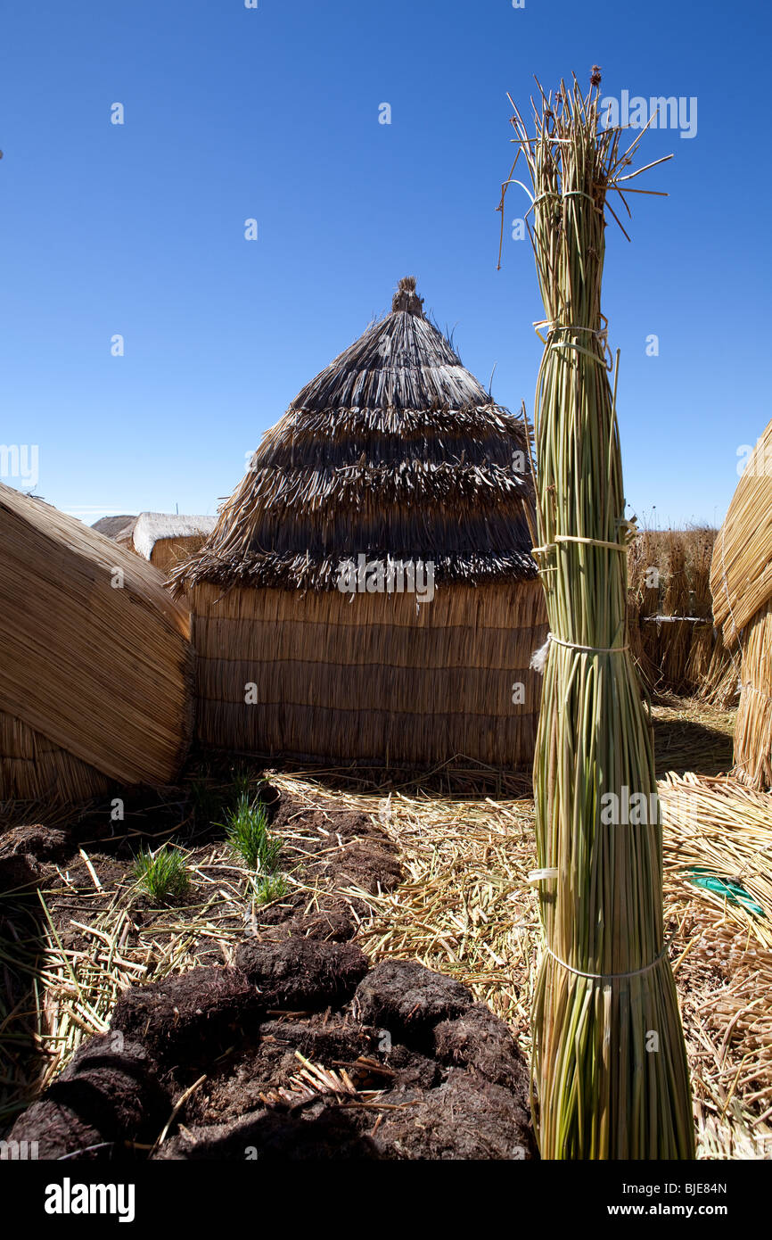 On floating islands, house of Uros Indians, Puno, Altiplano, Lake Titicaca, Desaguadero River, Peru, South America Stock Photo
