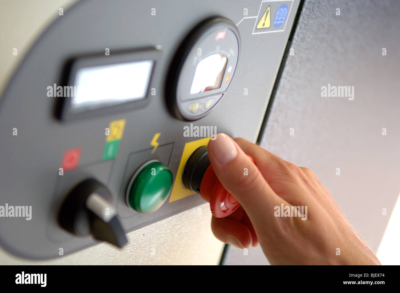 Horizontal image of a woman turning on a switch Stock Photo Alamy