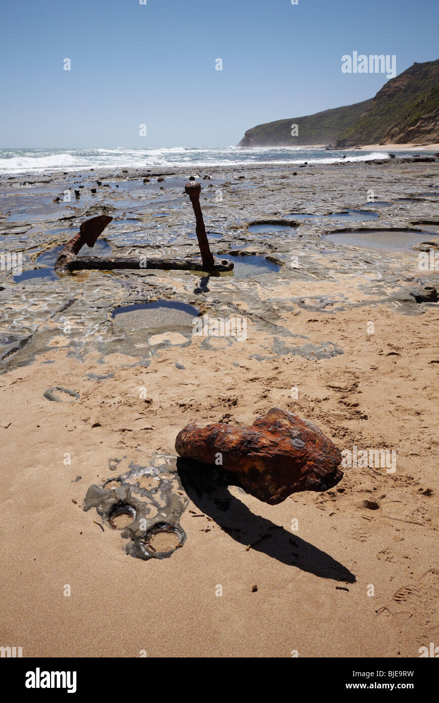 The anchor from the 1869 Marie Gabrielle shipwreck, Moonlight Head, Great Ocean Road, Victoria, Australia Stock Photo