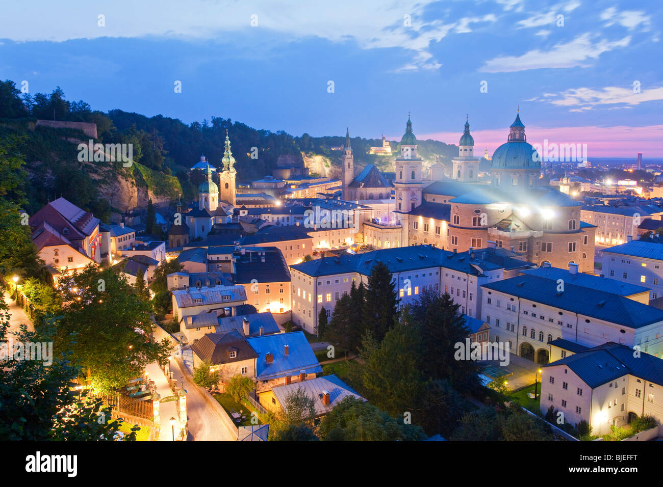 Cityscape of Salzburg at dusk, Austria, high angle view Stock Photo