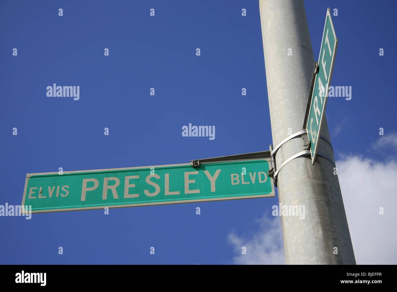 Roadsign of the Elvis Presley Boulevard, Memphis, USA, low angle view, close-up Stock Photo