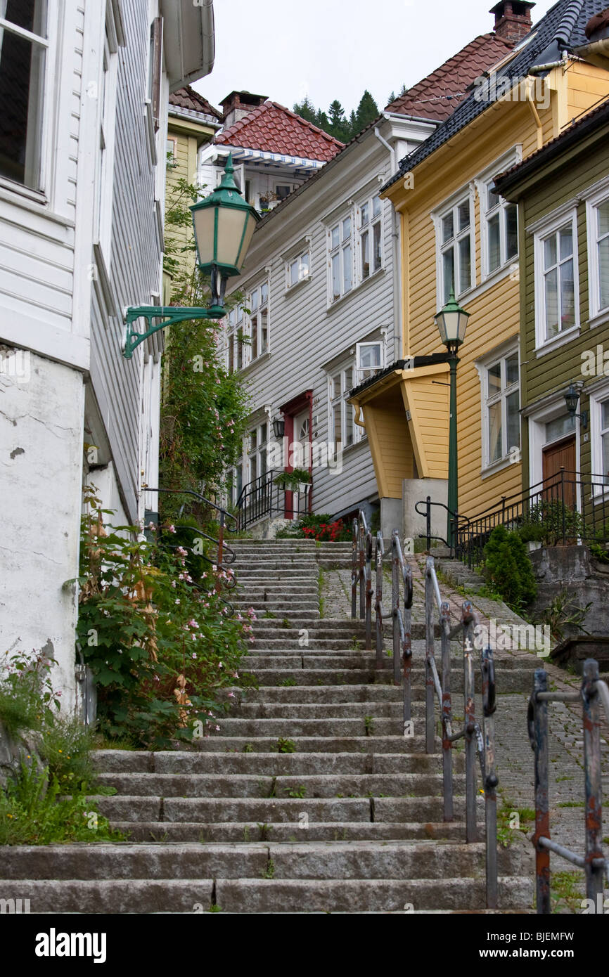 Staircase between residential buildings, Bergen, Norway, low angle view Stock Photo