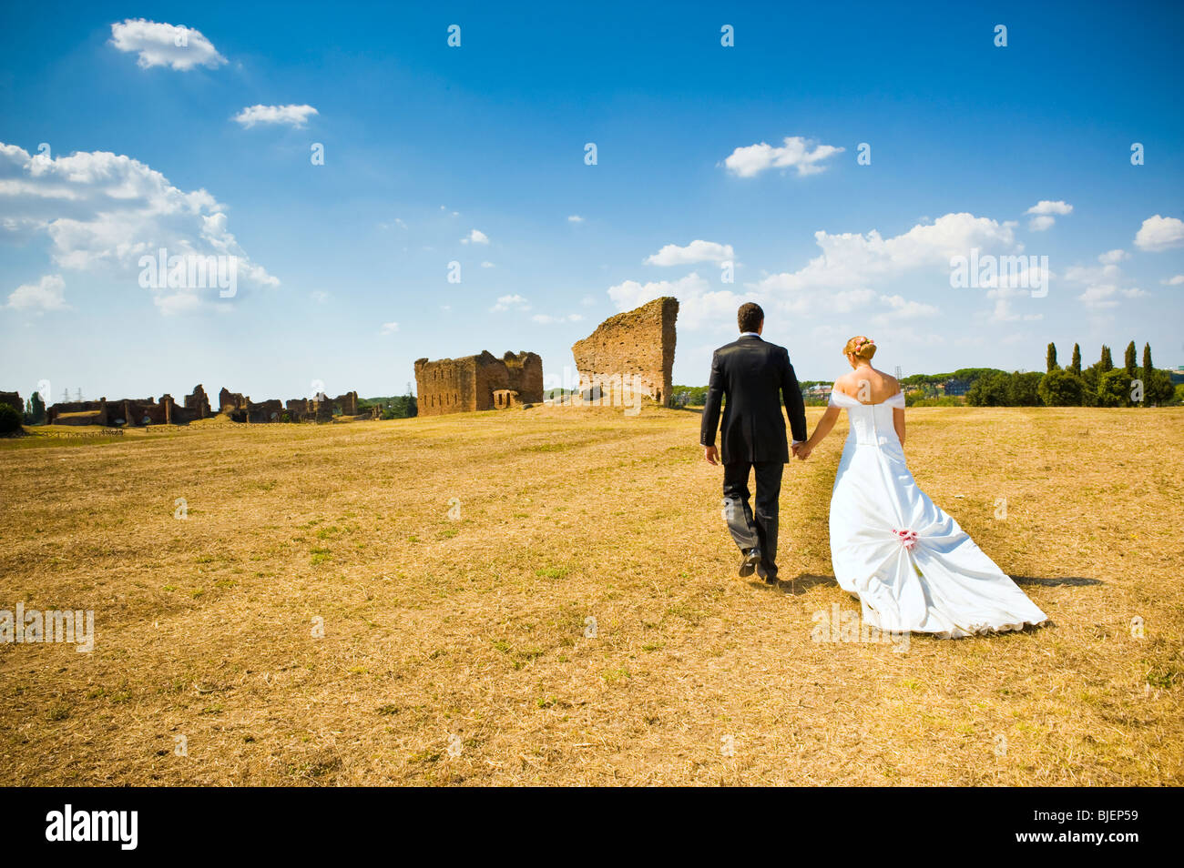 Bride and groom walking in field with ruins, Rome, Italy Stock Photo