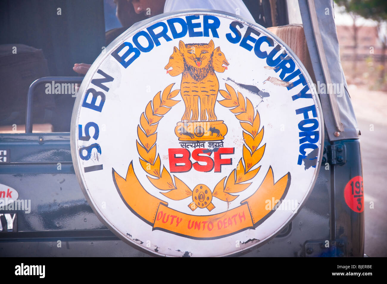 Border security force sign on back of vehicle in India Stock Photo