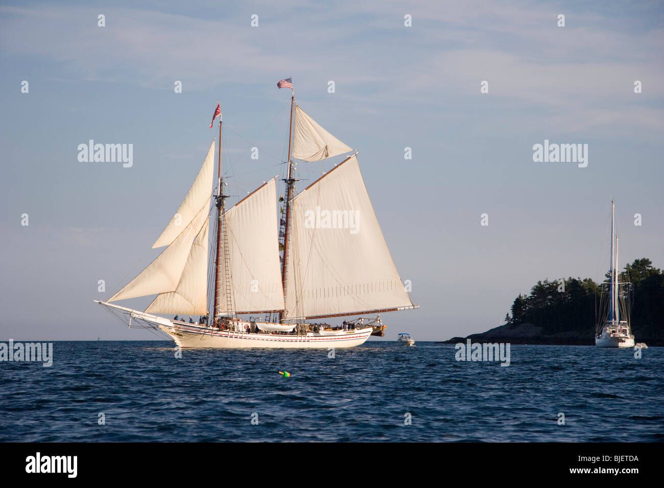 The windjammer Schooner HERITAGE under full sail in Camden Harbor