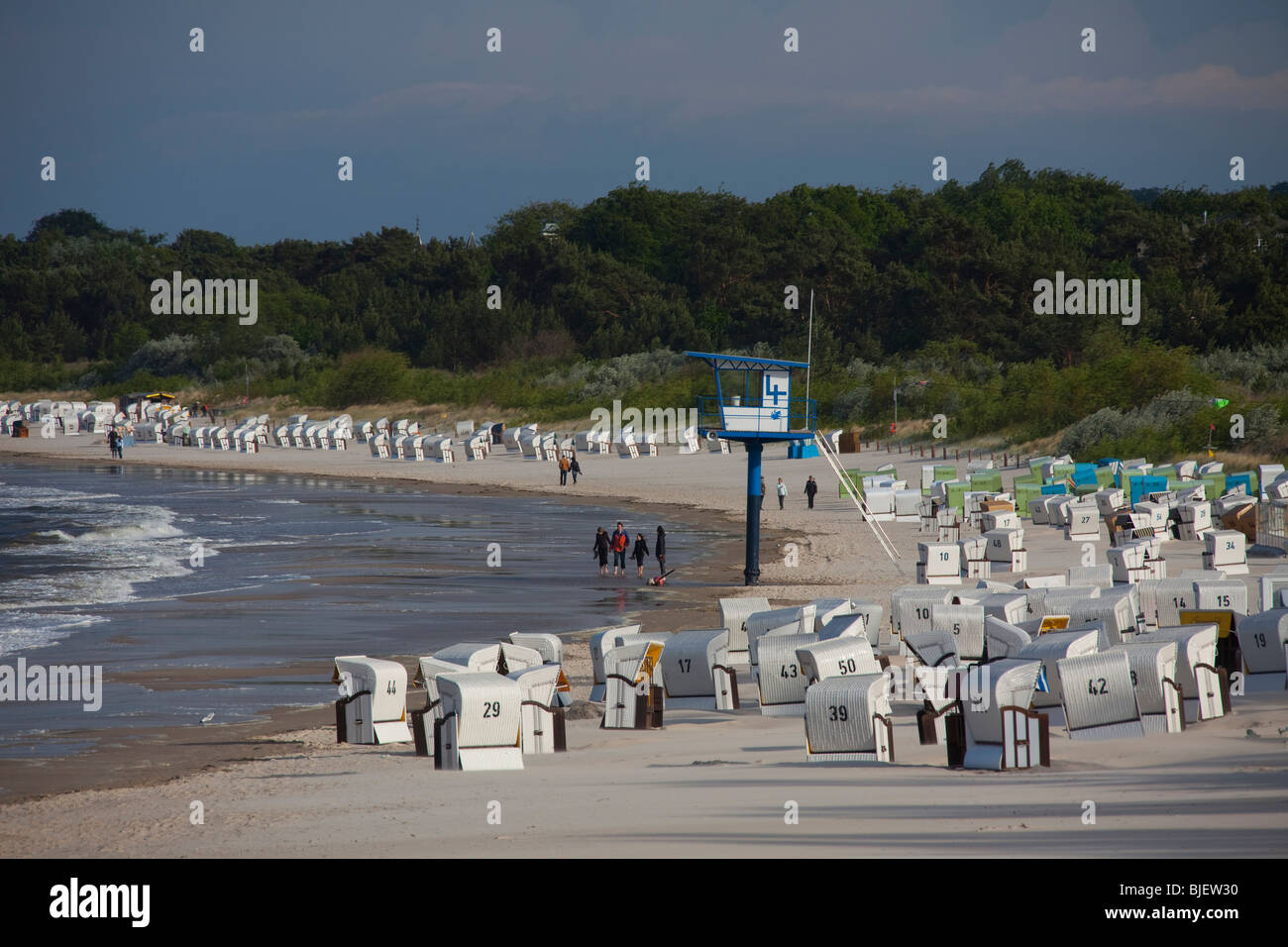 Beach at Heringsdorf with life guard tower on the Baltic Island Usedom. Mecklenburg-Western Pomerania, Germany. Stock Photo