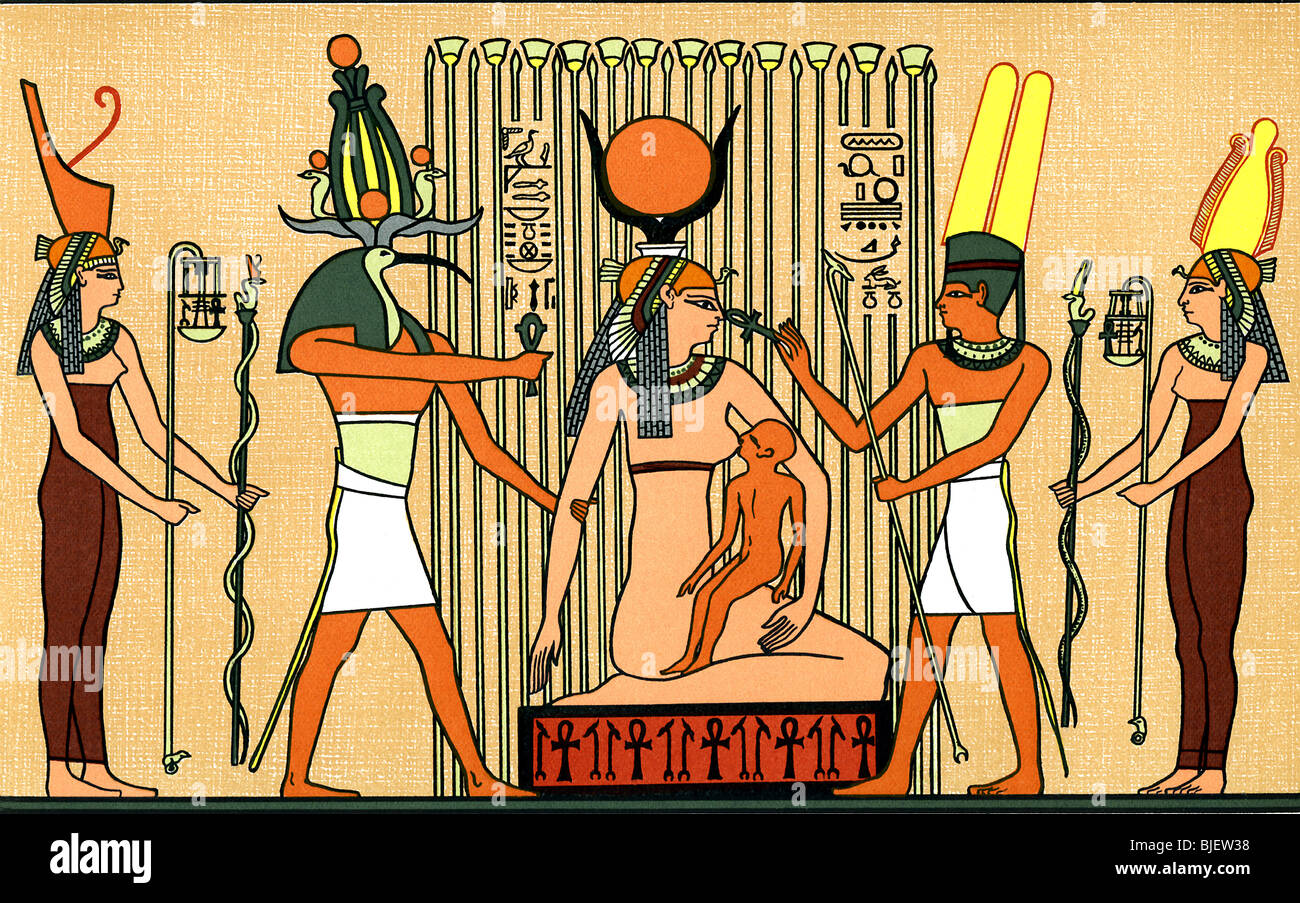 In this Egyptian wall painting, Isis, the Mother Goddess (here seated), suckles her son Horus in a papyrus swamp. Stock Photo