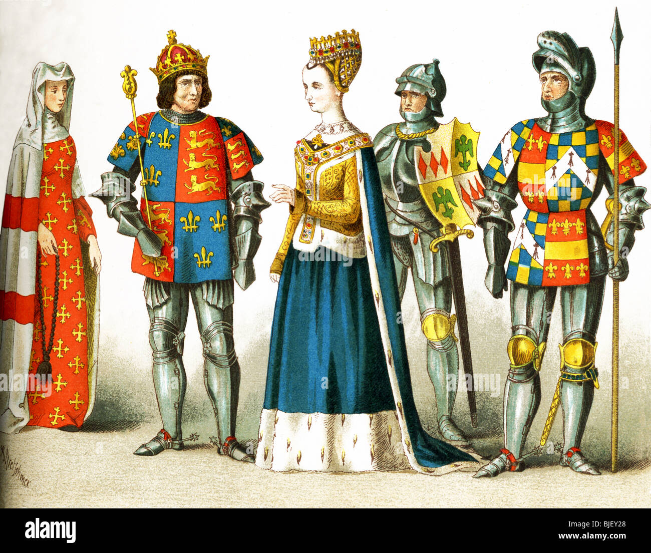 The figures represent, from left to right: a lady of rank, Richard III, Margaret of Scotland, a knight, the Earl of Warwick. Stock Photo