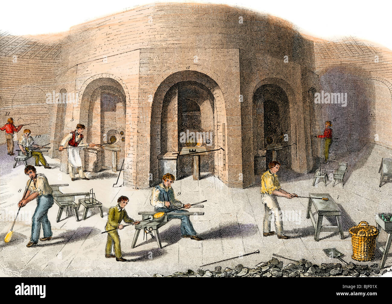 Manufacturing glass at a flint-glass factory, Great Britain, 1800s. Hand-colored woodcut Stock Photo
