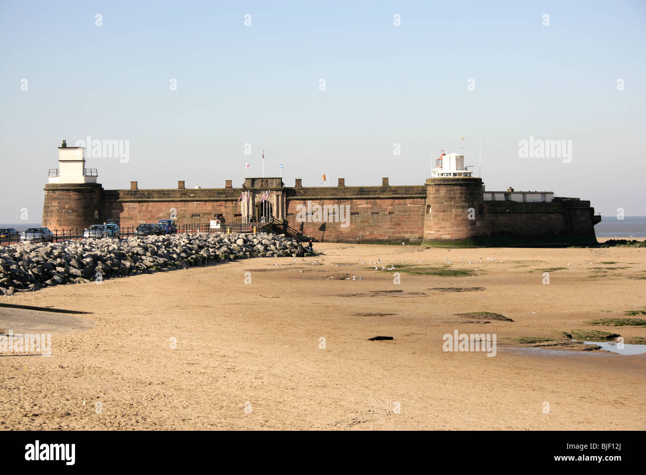 Town of Wallasey, England. New Brighton beach with Fort Perch Rock in