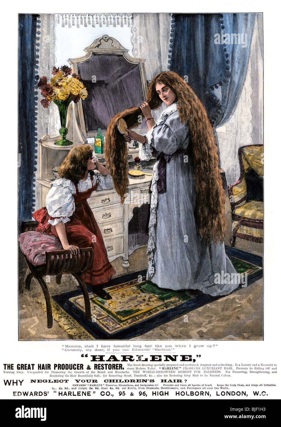 Advertisement for Harlene hair producer and restorer, London, 1880s. Hand-colored woodcut Stock Photo
