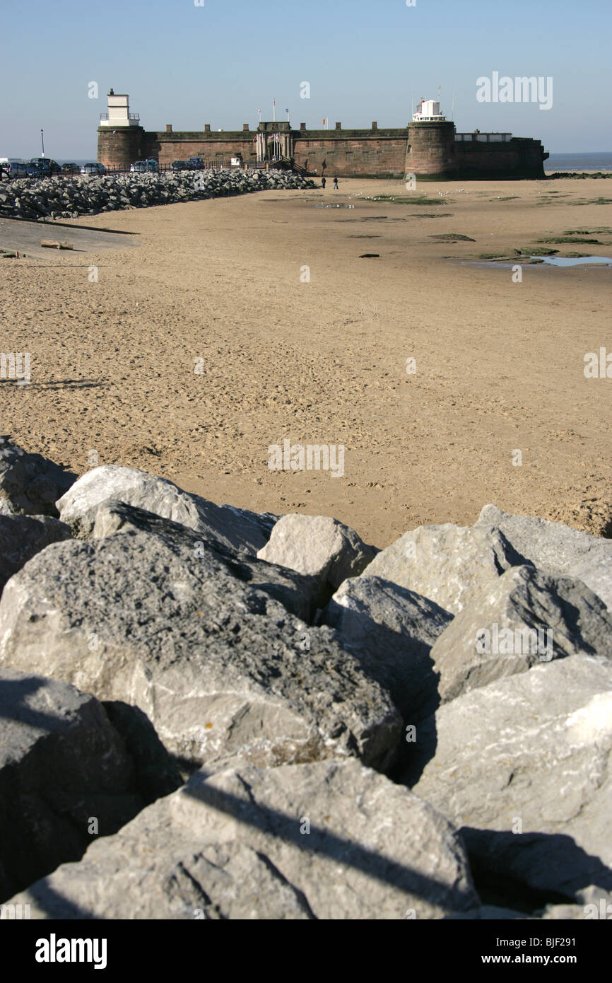 Town of Wallasey, England. New Brighton beach and coastal defences with
