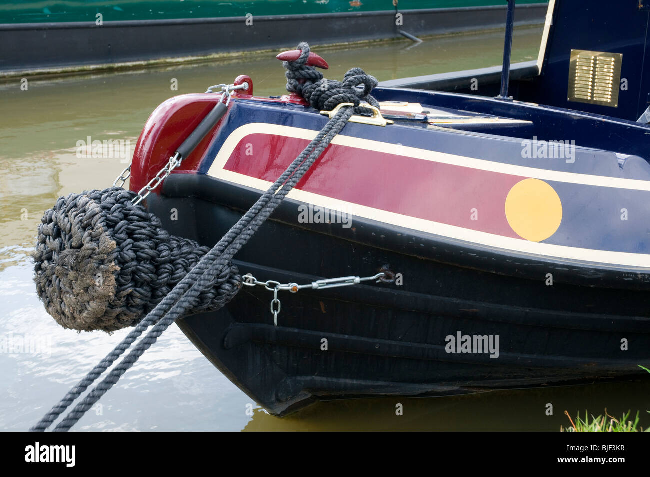 Narrowboat bow details with mooring ropes and fresh paint Stock Photo