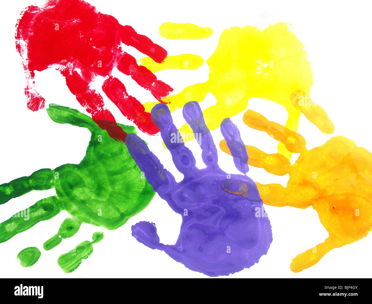 Color hand prints painted on a white paper Stock Photo