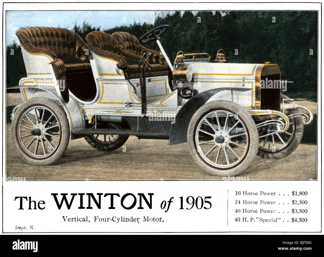Advertisement for the Winton automobile, 4-cylinder model, with price list, 1905. Hand-colored halftone of a photograph Stock Photo