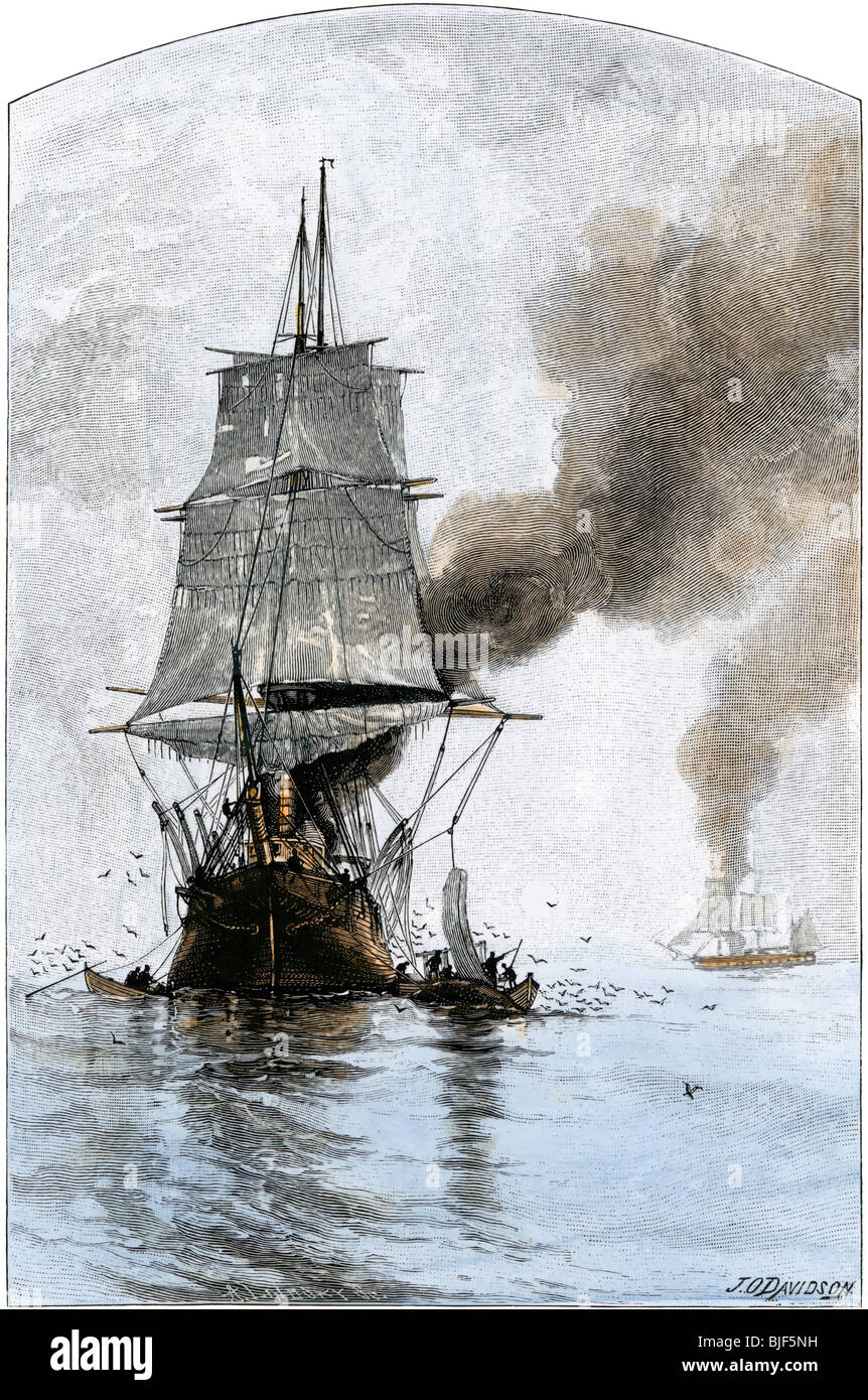 Whaler's "trying out" a killed whale, reducing the blubber for its oil