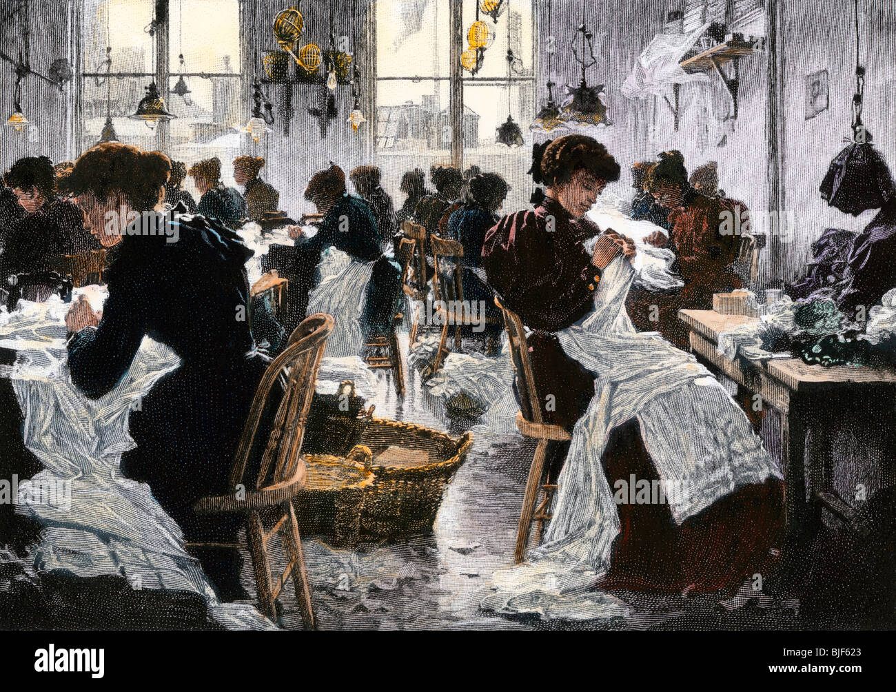 Women sewing white goods in the manufacturing department of a large retail store, NYC, 1890. Hand-colored woodcut Stock Photo