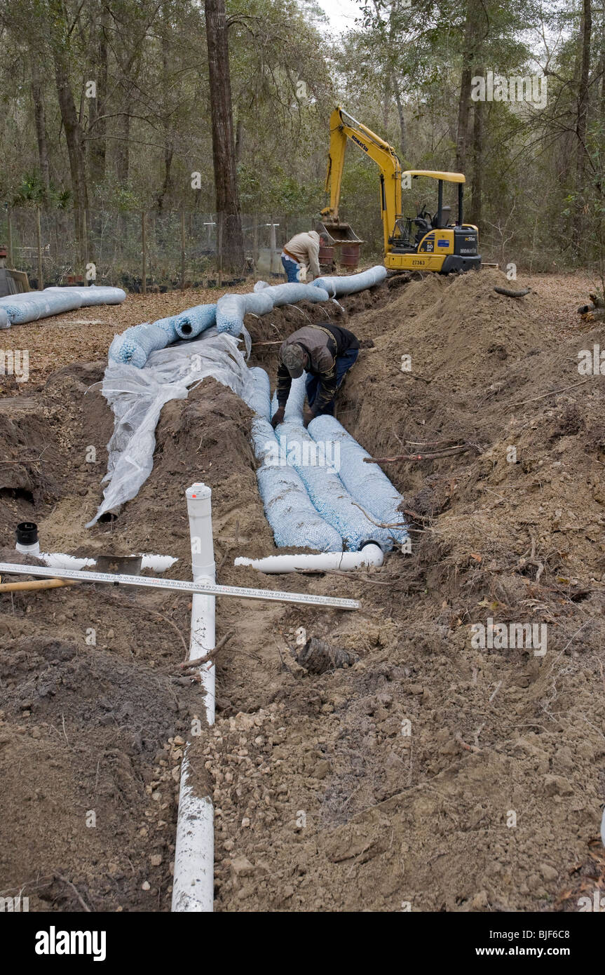 installing new septic system drainfield with EZ flow recycled plastic