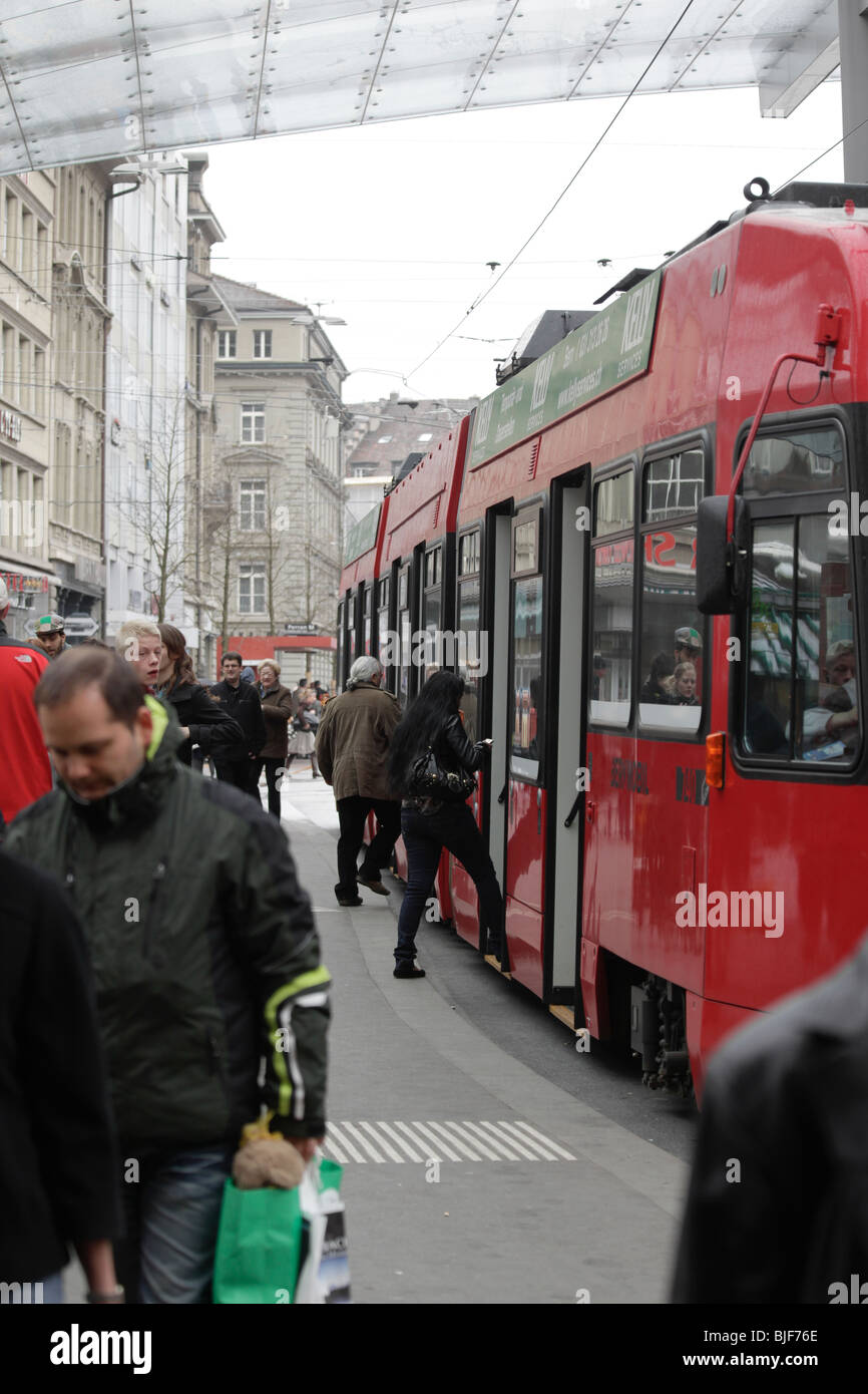 Passengers getting on tram, Bern Switzerland. Charles Lupica Stock Photo