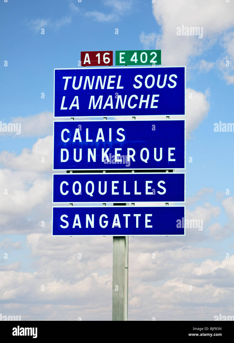 French autoroute traffic sign to the Channel Tunnel and Calais ferry port, France, Europe Stock Photo