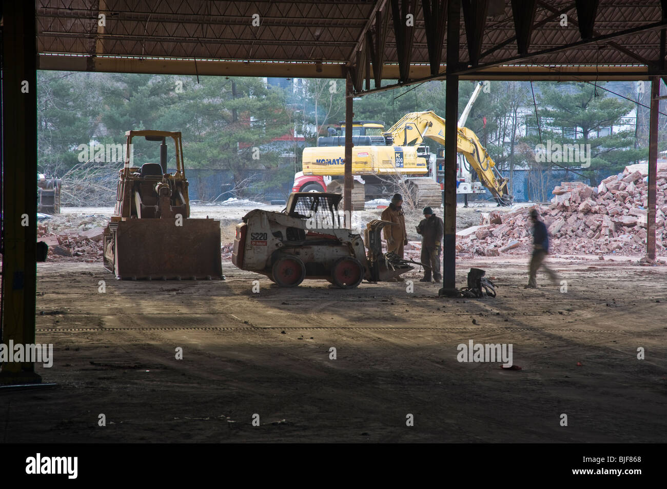 Heavy Machinery & Workers At Building Demolition, Philadelphia, USA Stock Photo