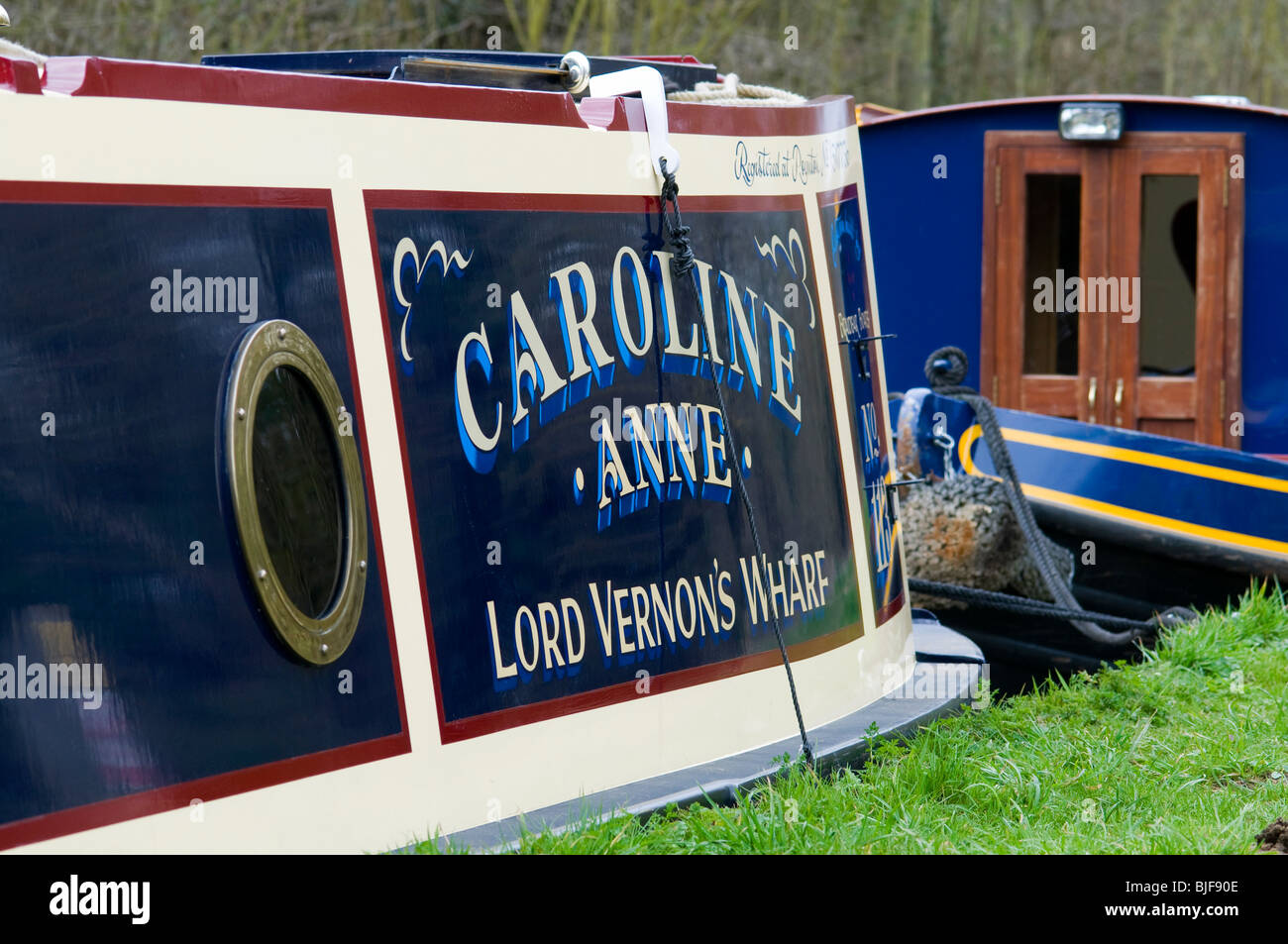 Detail of 'Caroline Anne,' a residential narrowboat on winter mooring