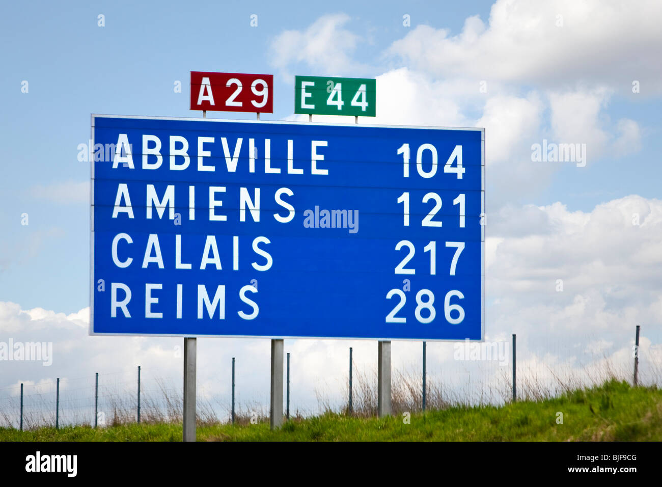 French autoroute destination distance road sign France Europe Stock Photo