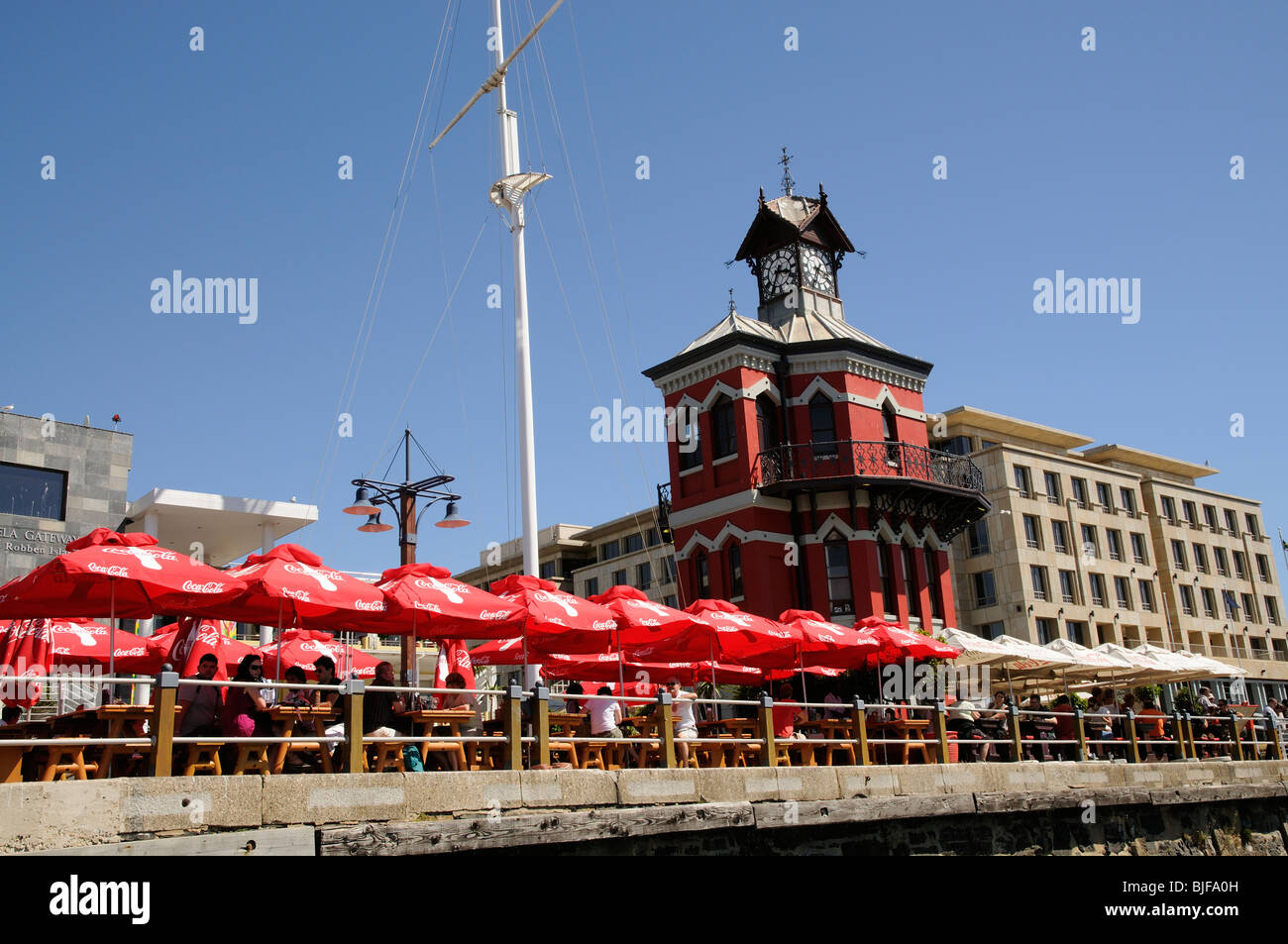 Umbrellas line the quayside at the V&A Waterfront in Cape Town South