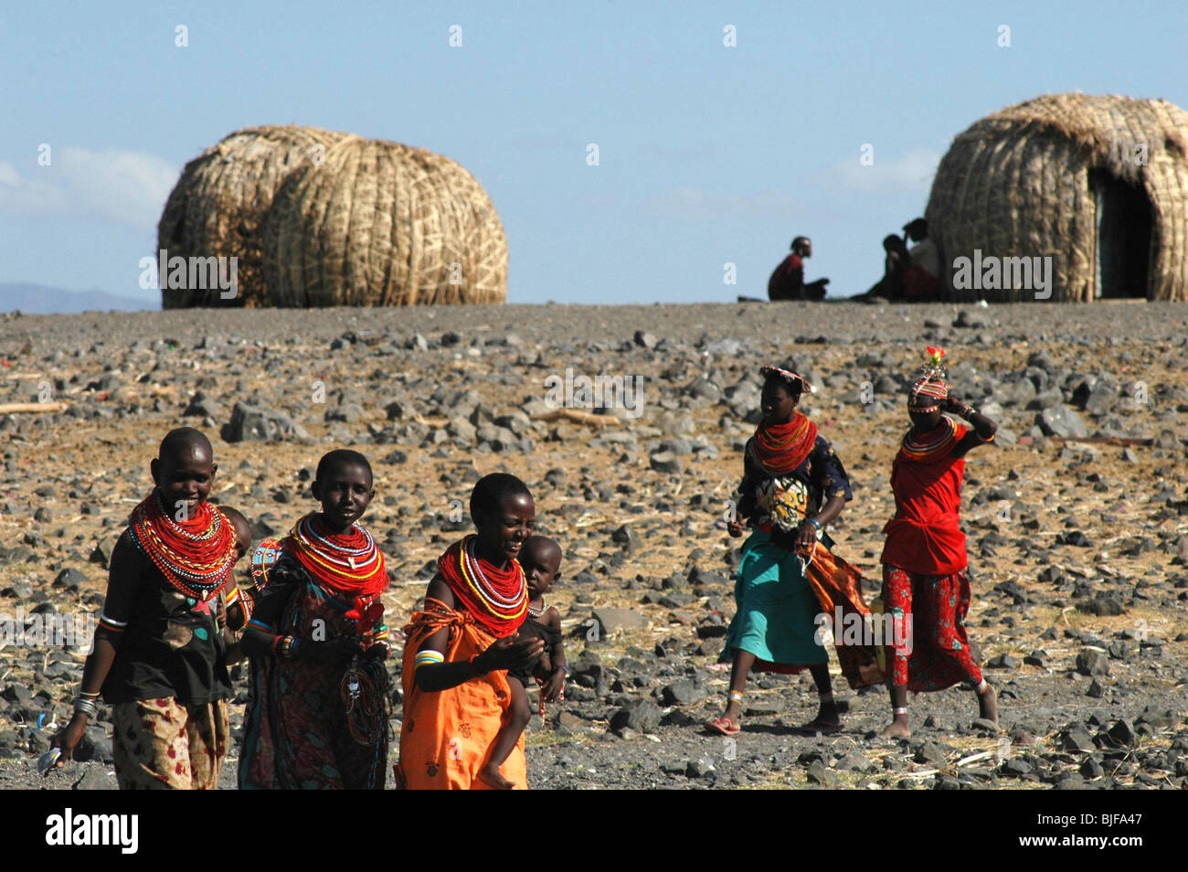 Women from the Elmoro tribe on the shores of Lake Turkana. Kenya, Eastern Kenya, Africa Stock Photo