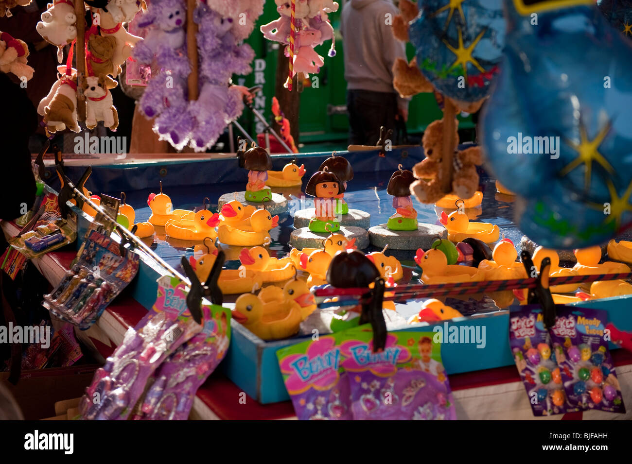 Traveling fair rubber ducks floating game Stock Photo